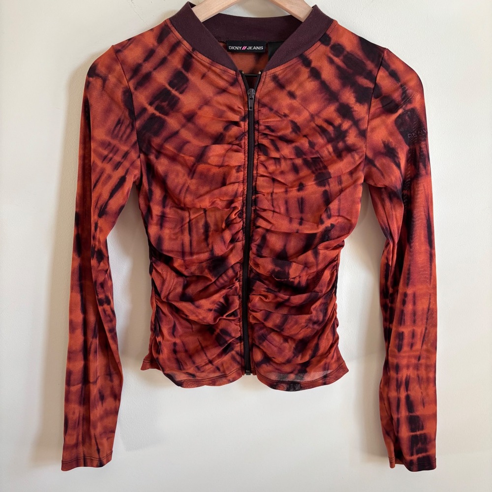 DKNY Jeans Mesh Tie Dye Ruched Full Zip Long Sleeve Top Orange Brown Small Y2K